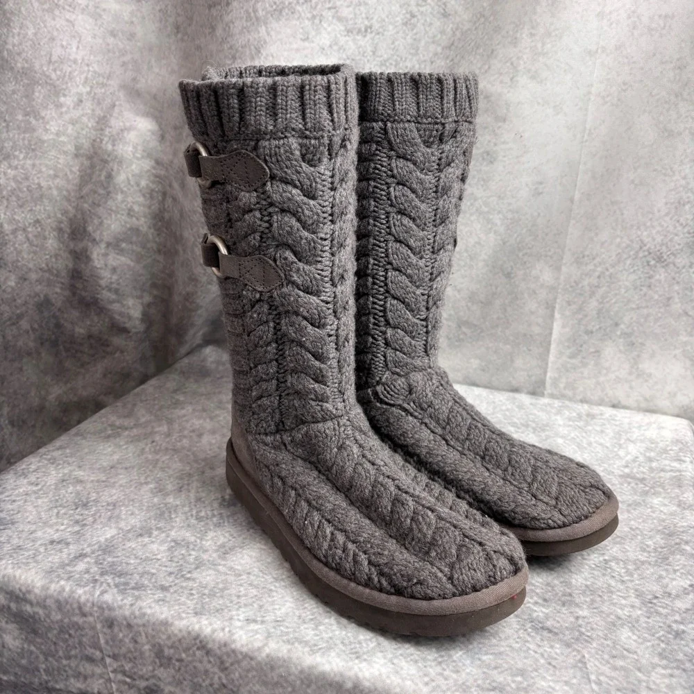 UGG Tularosa Women's‎ Gray Cable Knit Mid-Calf Boots Sheepskin Lined 3177 SIZE 8
